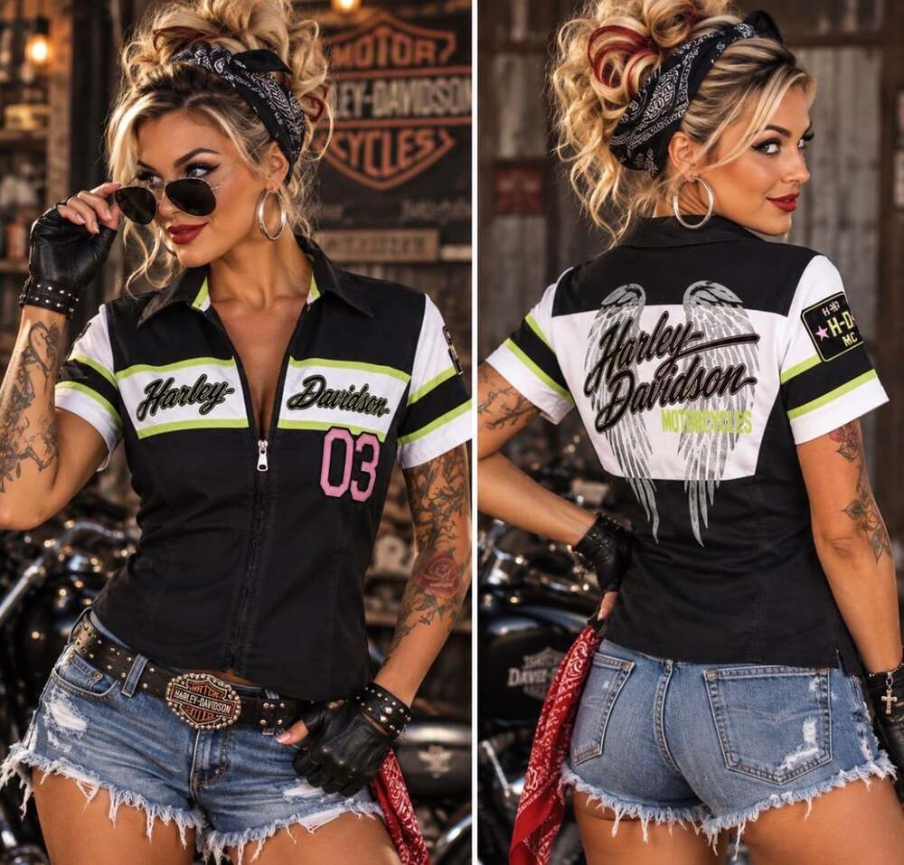Harley Davidson Women’s 03 Racing Shirt Black White Lime Pink Zip Front 23” P2P